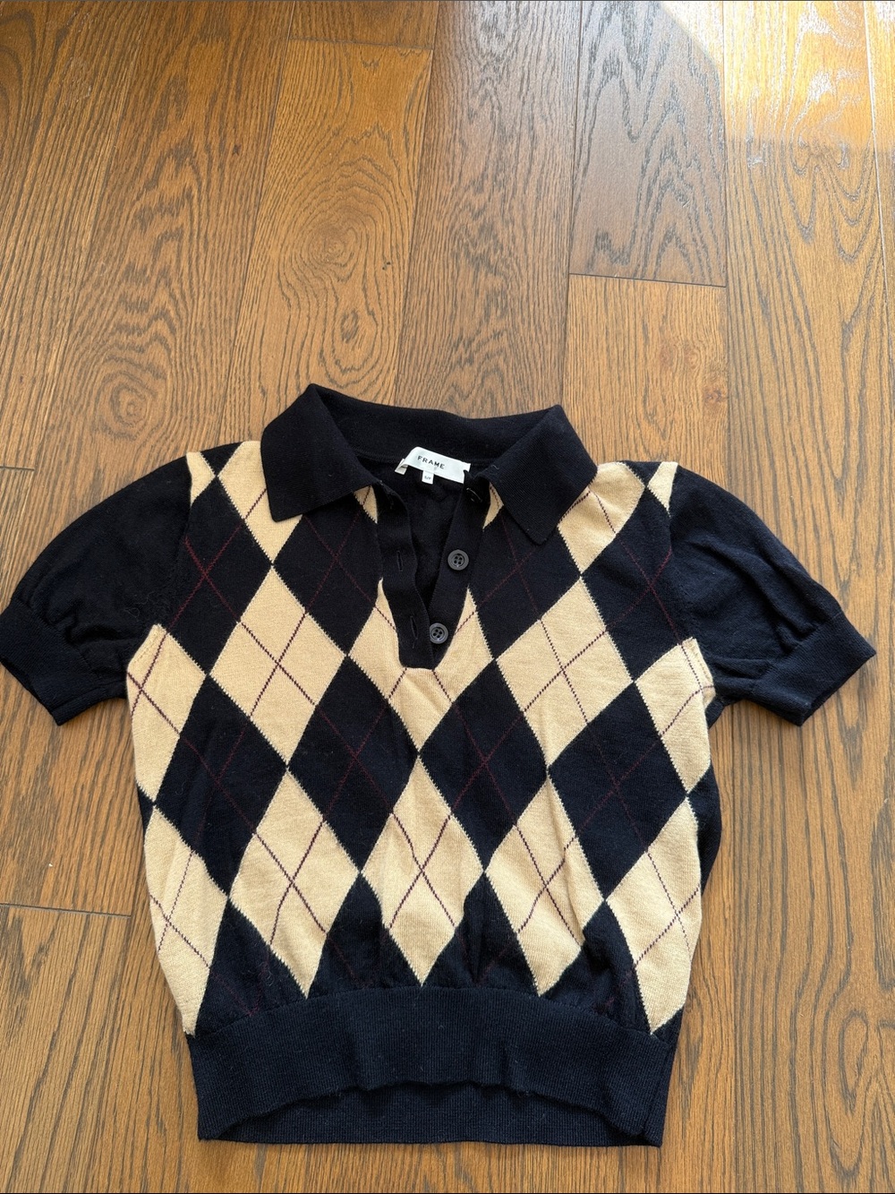 Frame Denim brand new Black & Beige Argyle Polo Sweater